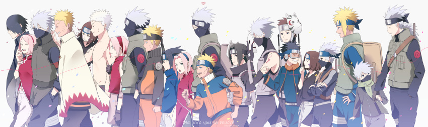 age_progression backpack bag black_hair blonde_hair brown_hair cloak father_and_son forehead_protector goggles half_mask hand_holding hands_in_pockets haruno_sakura hatake_kakashi hatake_sakumo highres looking_at_another mask mask_on_head multiple_persona namikaze_minato naruto naruto_(series) naruto_shippuuden nohara_rin open_mouth pale_skin running scarf serious silver_hair simple_background smile spiky_hair uchiha_itachi uchiha_obito uchiha_sasuke uzumaki_naruto whisker_markings yamato_(naruto) yumekoi_(cc123159)