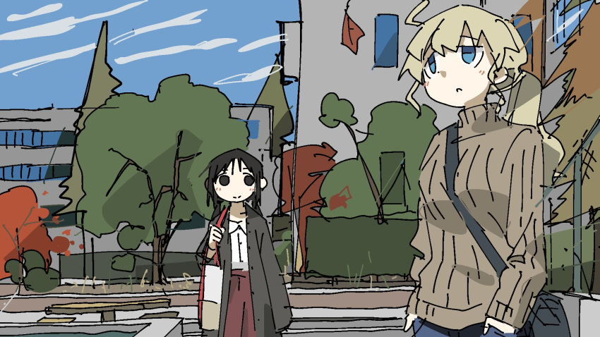 2girls ahoge bag black_eyes black_hair blonde_hair blue_eyes chito_(shoujo_shuumatsu_ryokou) highres long_hair multiple_girls school shoujo_shuumatsu_ryokou tree tsukumizu_yuu yuuri_(shoujo_shuumatsu_ryokou)