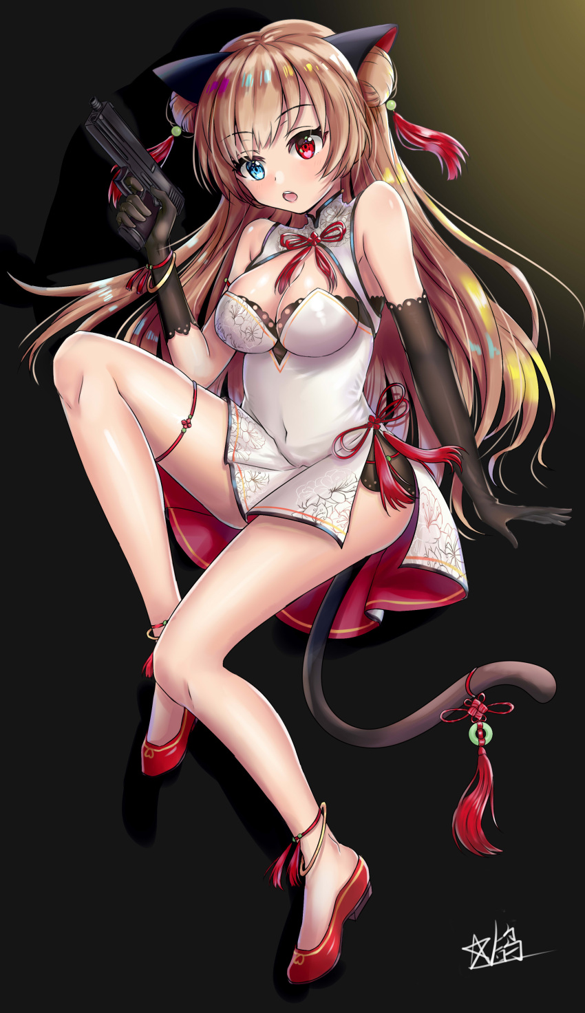 1girl absurdres animal_ears breasts brown_hair cat_ears china_dress chinese_clothes cleavage double_bun dress full_body girls_frontline gun handgun heckler_&amp;_koch heterochromia highres hk_mark_23 large_breasts looking_at_viewer mk_23_(girls_frontline) open_mouth sandals simple_background sleeveless sleeveless_dress solo weapon