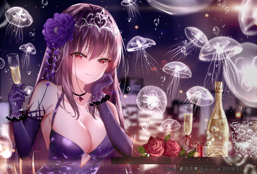 1girl alcohol animal arm_support bangs bare_shoulders blurry blurry_background bow box breasts champagne champagne_bottle champagne_flute cityscape cleavage closed_mouth collarbone commentary cup depth_of_field detached_sleeves dress drinking_glass eyebrows_visible_through_hair fate/grand_order fate_(series) flower gift gift_box gloves hair_between_eyes hair_flower hair_ornament hands_up highres holding holding_cup jellyfish junpaku_karen large_breasts long_hair long_sleeves night night_sky pixiv_id purple_dress purple_flower purple_gloves purple_hair red_bow red_eyes red_flower red_ribbon red_rose ribbon rose scathach_(fate)_(all) scathach_(fate/grand_order) sky sleeveless sleeveless_dress smile solo symbol_commentary tiara transparent very_long_hair