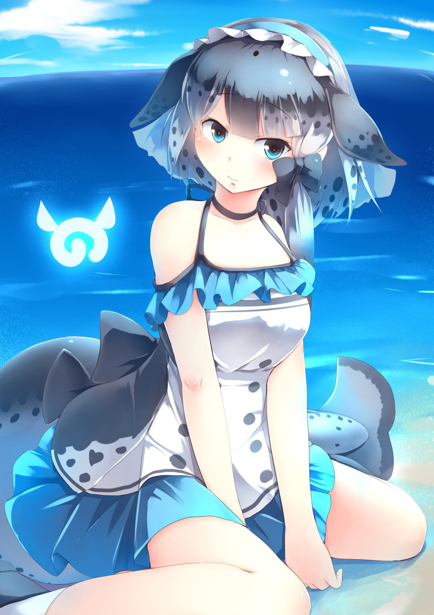 1girl absurdres beach black_bow blue_eyes blue_skirt blush bow breasts closed_mouth day eyebrows_visible_through_hair grey_hair hair_bow highres japari_symbol kanzakietc kemono_friends long_hair looking_at_viewer medium_breasts multicolored_hair narwhal_(kemono_friends) outdoors sitting skirt smile socks solo tail wariza white_hair white_legwear