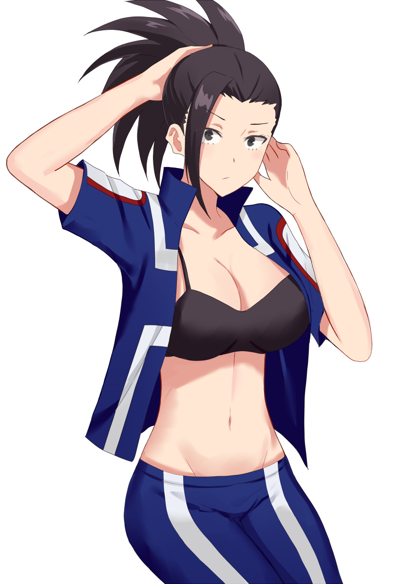 1girl absurdres asymmetrical_hair black_bra black_hair blue_jacket blue_pants boku_no_hero_academia bra breasts brown_eyes cleavage collarbone groin hand_on_head highres jacket kenkaizar large_breasts long_hair looking_at_viewer midriff navel open_clothes open_jacket pants ponytail short_sleeves sidelocks simple_background solo stomach underwear white_background yaoyorozu_momo