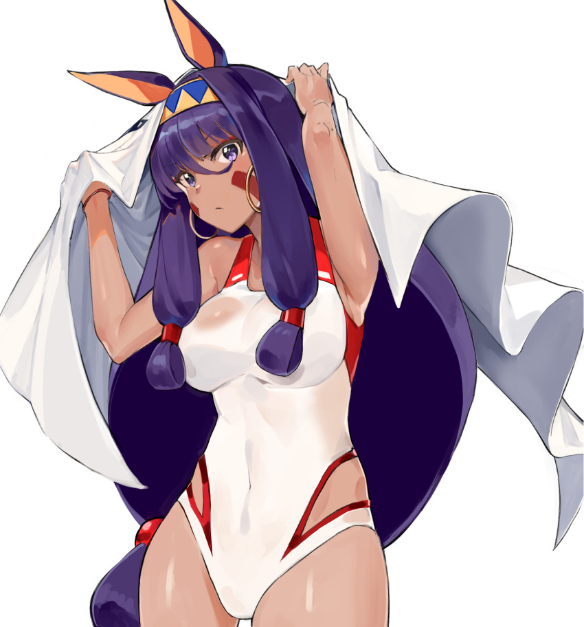 1girl animal_ears bangs bare_shoulders bed_sheet breasts competition_swimsuit covered_navel cowboy_shot dark_skin earrings facial_mark fate/grand_order fate_(series) frown hair_between_eyes hair_rings hairband highres hoop_earrings jewelry large_breasts long_hair looking_at_viewer low-tied_long_hair nitocris_(fate/grand_order) nitocris_(swimsuit_assassin)_(fate) one-piece_swimsuit purple_hair see-through shiny shiny_hair side_cutout simple_background solo swimsuit tuxedo_de_cat very_long_hair violet_eyes white_background white_swimsuit
