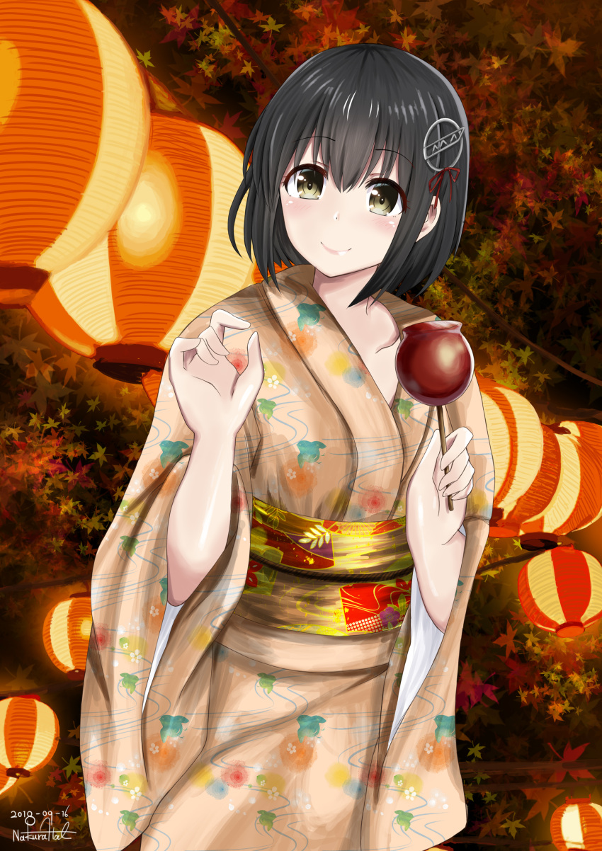 absurdres black_hair blush closed_mouth eyebrows_visible_through_hair floral_background food grey_hair haguro_(kantai_collection) hair_between_eyes hair_ornament highres japanese_clothes kantai_collection kimono lantern looking_at_viewer nakura_haru paper_lantern short_hair smile tree yukata