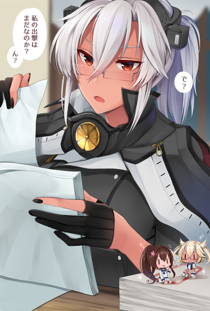 absurdres cape chrysanthemum dark_skin fairy_(kantai_collection) fingerless_gloves flower glasses gloves highres holding holding_paper kantai_collection musashi_(kantai_collection) paper paper_stack pointy_hair remodel_(kantai_collection) semi-rimless_eyewear speech_bubble translated yamato_(kantai_collection) yunamaro