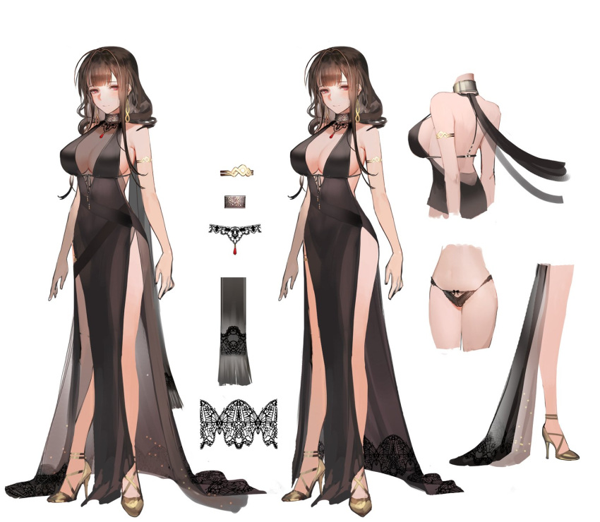 1girl ahoge alternate_costume armlet bangs bare_shoulders black_dress black_panties blunt_bangs blush breasts brown_hair choker cleavage closed_mouth dress dsr-50_(girls_frontline) earrings eyebrows_visible_through_hair girls_frontline gold_footwear hair_ornament high_heels highres jewelry lace lace_panties large_breasts liduke lingerie long_hair looking_at_viewer multiple_views no_bra official_art panties pendant red_eyes ruby_(stone) see-through sidelocks simple_background smile solo thighlet thighs underwear very_long_hair white_background