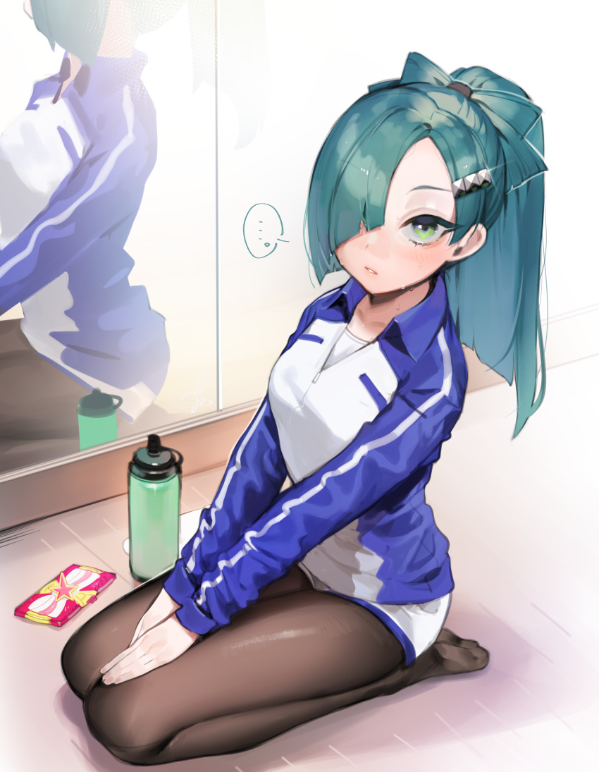 ... 1girl absurdres black_legwear blue_bow blue_hair blush bottle bow cellphone collared_jacket full_body glint green_eyes hair_bow hair_ornament hairclip hands_on_lap highres jacket light_smile long_hair long_sleeves looking_at_viewer mirror no_shoes ohisashiburi original own_hands_together pantyhose parted_lips phone ponytail raglan_sleeves reflection seiza single_vertical_stripe sitting smartphone smartphone_case solo speech_bubble spoken_ellipsis star sweat track_jacket wing_collar zipper