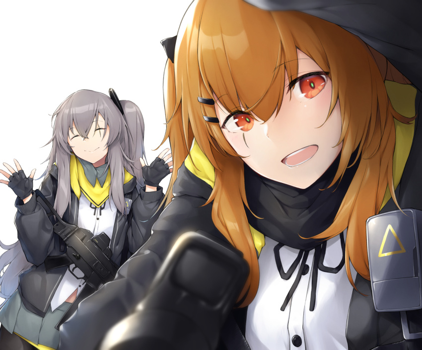 armband bangs black_bow black_gloves black_legwear black_ribbon blush bow breasts brown_eyes brown_hair closed_eyes closed_mouth commentary_request crossed_bangs dabuki eyebrows_visible_through_hair fingerless_gloves from_above girls_frontline gloves grey_hair grey_skirt gun h&amp;k_ump h&amp;k_ump45 h&amp;k_ump9 hair_between_eyes hair_bow hair_ornament hairclip hands_up head_tilt heckler_&amp;_koch highres holding holding_gun holding_weapon hood hood_down hooded_jacket jacket leaning_in long_hair looking_at_viewer multiple_girls neck_ribbon no_shoes one_side_up pantyhose pleated_skirt pov ribbon scar scar_across_eye scarf shirt skirt smile submachine_gun twintails ump45_(girls_frontline) ump9_(girls_frontline) weapon white_shirt