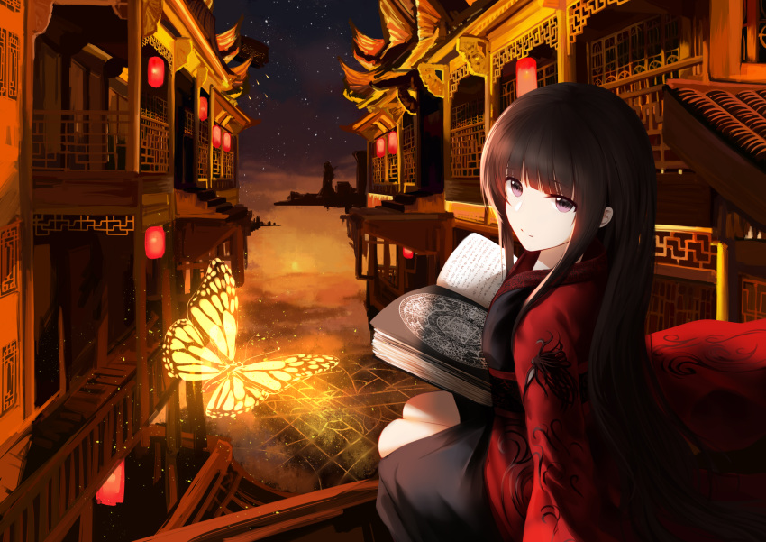 1girl absurdres architecture black_eyes black_hair black_kimono book bug butterfly east_asian_architecture eyebrows_visible_through_hair higandgk highres holding insect japanese_clothes kimono long_hair looking_at_viewer looking_back magic_circle night open_book original outdoors scenery sitting sky solo star_(sky) starry_sky very_long_hair