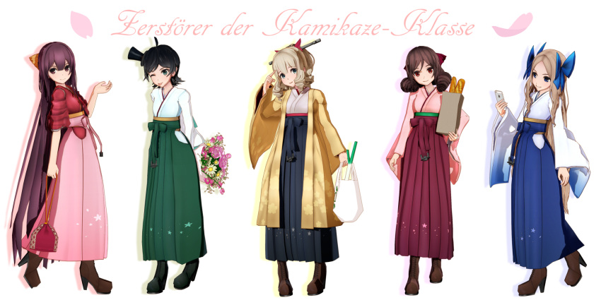 3d 5girls aqua_eyes asakaze_(kantai_collection) bag baguette black_hair blonde_hair blue_eyes boots bouquet bread brown_hair cellphone drill_hair flower food hakama haori harukaze_(kantai_collection) hat hatakaze_(kantai_collection) high_heels highres islander_(venom_nf3) japanese_clothes kamikaze_(kantai_collection) kantai_collection long_hair matsukaze_(kantai_collection) mikumikudance mini_hat multiple_girls phone purple_hair red_eyes short_hair smartphone spring_onion tongue tongue_out very_long_hair violet_eyes