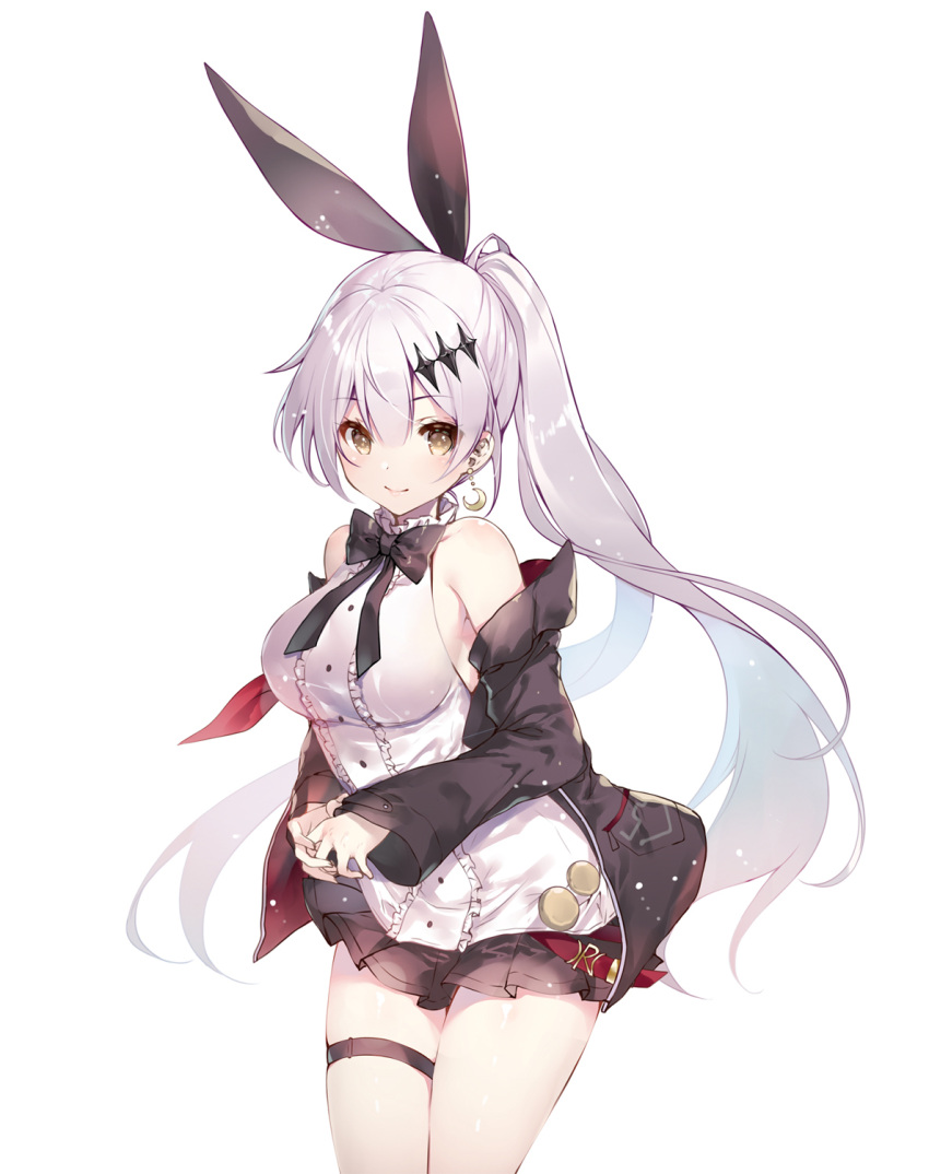1girl bangs bare_shoulders black_bow black_jacket black_ribbon bow breasts brown_eyes closed_mouth commentary_request earrings eyebrows_visible_through_hair five-seven_(girls_frontline) frilled_shirt frills girls_frontline hair_ornament hair_ribbon hands_together highres jacket jewelry large_breasts legs_together long_hair long_sleeves looking_at_viewer miniskirt miwabe_sakura off_shoulder open_clothes open_jacket pleated_skirt ponytail ribbon shiny shiny_hair shirt silver_hair simple_background skirt sleeveless sleeveless_shirt smile standing thigh_strap very_long_hair white_background white_shirt wide_sleeves