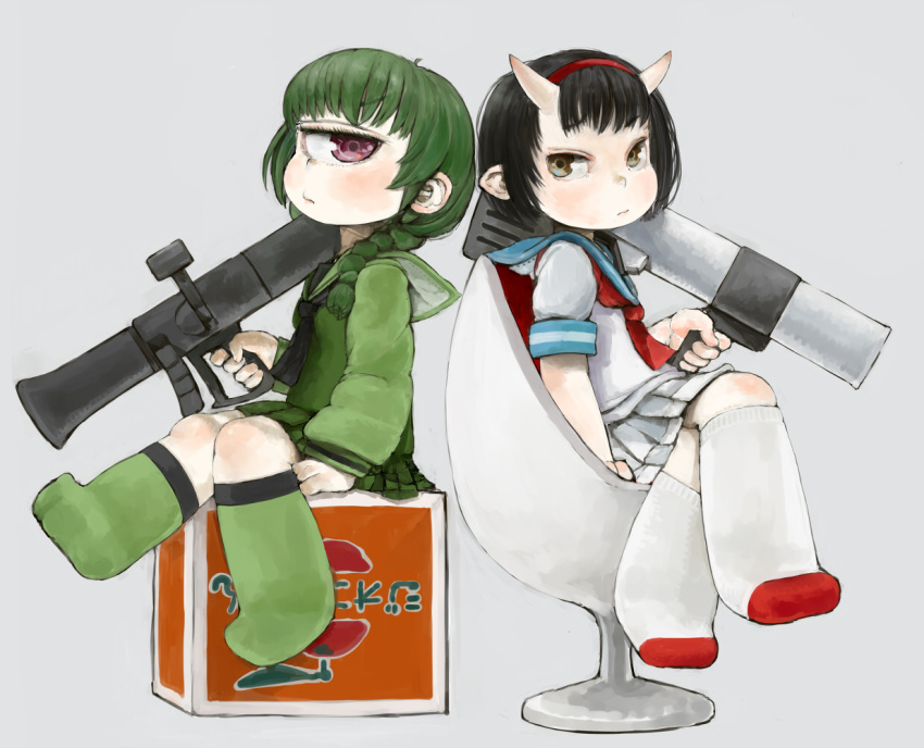 2girls bazooka black_hair black_neckwear blue_sailor_collar character_request closed_mouth commentary_request cyclops ebimomo eyebrows_visible_through_hair finger_on_trigger from_side green_hair green_legwear green_sailor_collar green_shirt green_skirt grey_background gun gundam hairband holding holding_gun holding_weapon horns long_sleeves looking_at_viewer looking_to_the_side mecha_musume multiple_girls neckerchief one-eyed personification pleated_skirt red_eyes rx-78-2 sailor_collar school_uniform serafuku shirt short_hair short_sleeves simple_background sitting skirt socks weapon white_legwear white_shirt white_skirt