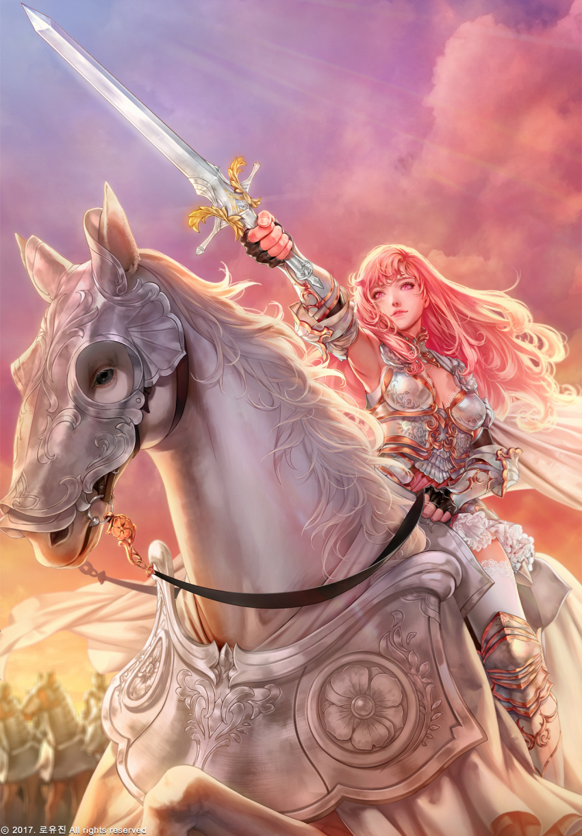 1girl 2boys armor armored_dress armpits bangs barding black_gloves boobplate breastplate breasts cape clouds fantasy fingerless_gloves fingernails frills gloves greaves highres holding holding_sword holding_weapon horse horseback_riding jdori knight lace lace-trimmed_thighhighs lace_trim light_smile lips lipstick long_hair makeup medium_breasts multiple_boys official_art outdoors outstretched_arm pink_eyes pink_hair pink_lipstick pink_sky pointing_sword reins riding saddle sky sleeveless solo_focus sunlight sunrise sword tamsig-ui_jaelim thigh-highs vambraces very_long_hair watermark weapon white_horse white_legwear
