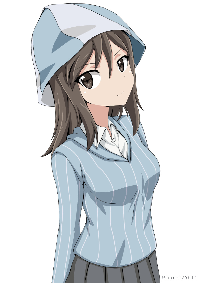 1girl absurdres bangs blue_hat blue_shirt brown_eyes brown_hair closed_mouth commentary dress_shirt eyebrows_visible_through_hair girls_und_panzer grey_skirt hat head_tilt highres keizoku_school_uniform long_hair long_sleeves looking_at_viewer mika_(girls_und_panzer) pleated_skirt school_uniform shibagami shirt simple_background skirt smile solo standing striped striped_shirt upper_body vertical-striped_shirt vertical_stripes white_background white_shirt