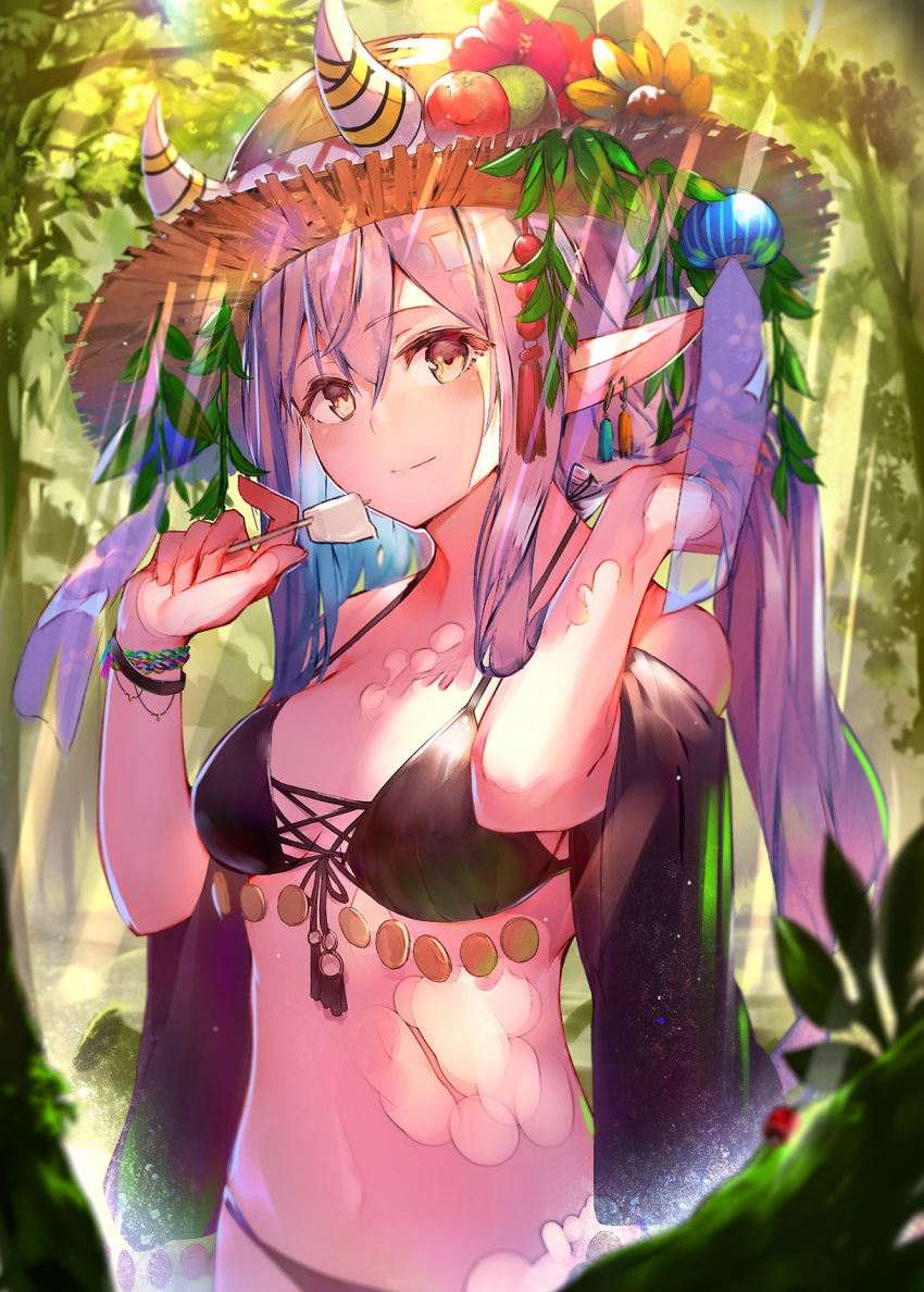 1girl bangs bare_shoulders bikini black_bikini blush breasts brown_eyes closed_mouth commentary_request dappled_sunlight day earrings enj! eyebrows_visible_through_hair flower food forest hair_between_eyes hands_up hat hat_flower head_tilt highres holding holding_food horns jewelry light_smile long_hair nature navel original outdoors pointy_ears popsicle red_flower silver_hair small_breasts solo standing straw_hat sunlight swimsuit tree twintails very_long_hair wind wind_lift yellow_flower