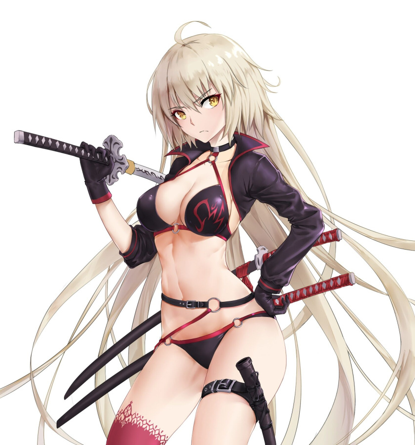 1girl ahoge asymmetrical_legwear bad_id bad_pixiv_id bangs bikini black_bikini black_choker black_jacket breasts brown_eyes chitu_hefeng_zhong choker cleavage closed_mouth collarbone commentary_request eyebrows_visible_through_hair fate/grand_order fate_(series) hair_between_eyes hand_on_hip hand_up highres holding holding_sword holding_weapon jacket jeanne_d'arc_(alter_swimsuit_berserker) jeanne_d'arc_(fate)_(all) katana long_hair long_sleeves looking_at_viewer medium_breasts o-ring o-ring_bikini o-ring_bottom o-ring_top red_legwear sheath silver_hair simple_background single_thighhigh solo swimsuit sword thigh-highs unsheathed very_long_hair weapon white_background
