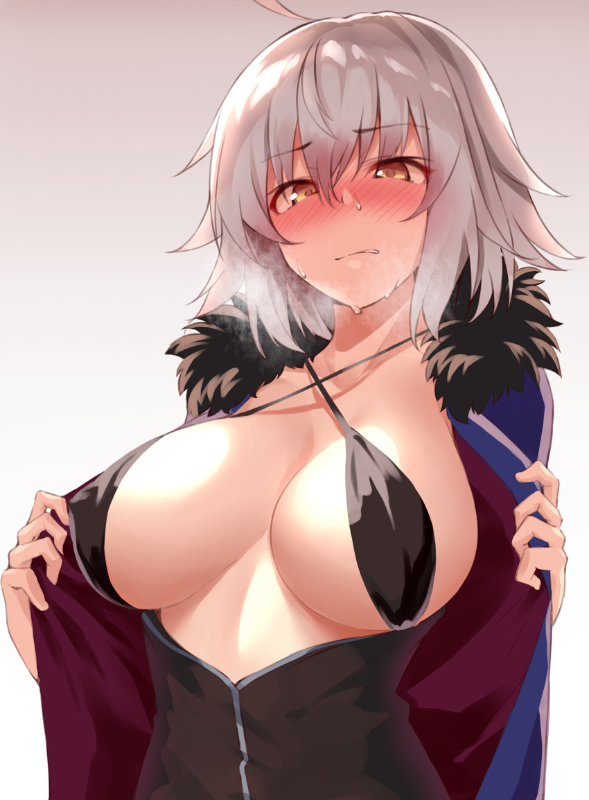 1girl absurdres ahoge bangs black_bikini_top black_dress blue_coat blush breasts breasts_outside cleavage coat collarbone dress fate/grand_order fate_(series) fur-trimmed_coat fur_trim hair_between_eyes halterneck highres jeanne_d'arc_(alter)_(fate) jeanne_d'arc_(fate)_(all) large_breasts looking_at_viewer open_clothes open_coat short_hair shunichi silver_hair solo sweat wicked_dragon_witch_ver._shinjuku_1999 yellow_eyes