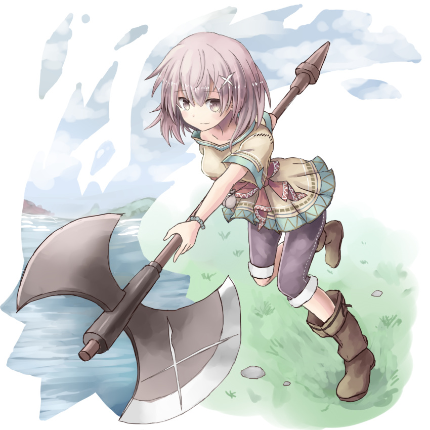 1girl aoiyamagi4 axe bead_bracelet beads bracelet brown_eyes brown_footwear brown_skirt full_body grass hair_ornament highres holding holding_axe jewelry leaf_(sennen_sensou_aigis) looking_at_viewer outdoors pebble pouch sennen_sensou_aigis short_hair skirt smile solo standing water x_hair_ornament