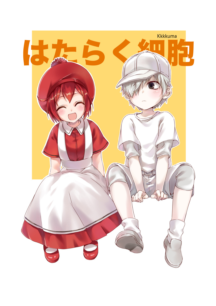 1boy 1girl absurdres ae-3803 ahoge apron artist_name baseball_cap black_eyes closed_eyes copyright_name dress erythroblast_(hataraku_saibou) hair_over_one_eye hat hataraku_saibou highres invisible_chair kkkkuma looking_at_viewer myelocyte_(hataraku_saibou) open_mouth pom_pom_(clothes) red_footwear red_hat redhead shirt shoes short_hair shorts sitting smile socks t-shirt u-1146 white_footwear white_hair white_hat white_shirt white_skin