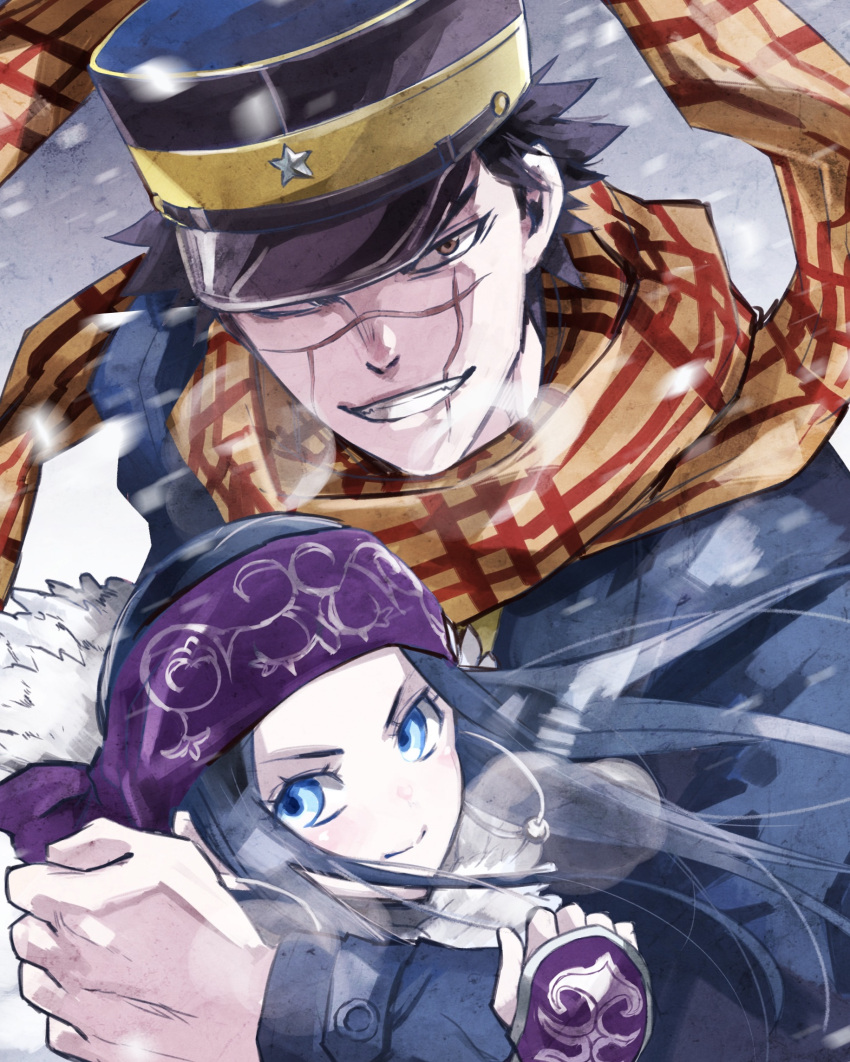 1boy 1girl ainu ainu_clothes asirpa bandanna black_hair blue_eyes brown_eyes cape coat earrings facial_scar fingerless_gloves fur_cape gloves golden_kamuy grin hat hat_over_one_eye highres hoop_earrings jewelry long_hair long_sleeves looking_at_viewer military military_uniform qqyy8rf9k scar scarf short_hair smile snow sugimoto_saichi uniform upper_body