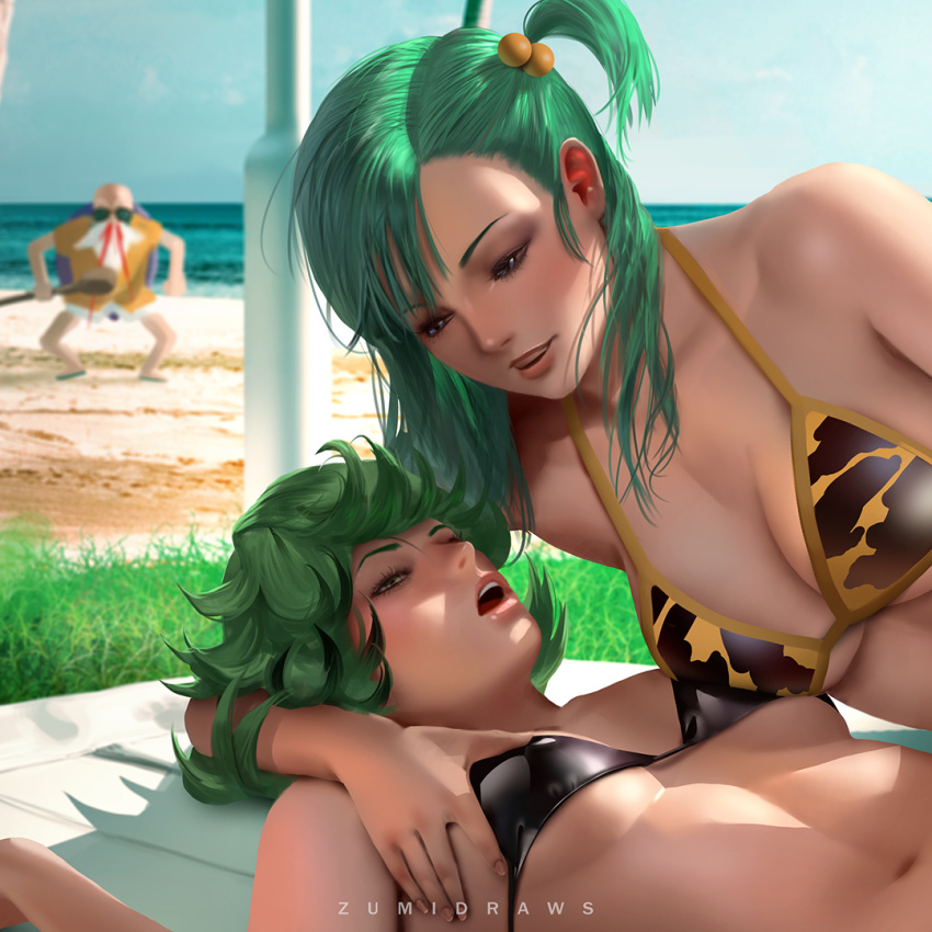 2girls animal_print artist_name banned_artist bare_shoulders beach bikini black_bikini blood blue_sky blush breast_grab breasts bulma cleavage commentary curly_hair dragon_ball dragon_ball_(classic) dragonball_z english_commentary grabbing grass green_eyes green_hair hand_on_another's_chest large_breasts lying medium_breasts multiple_girls muten_roushi nosebleed ocean on_back one-punch_man one_side_up open_mouth parted_lips pole sand short_hair side_ponytail sideboob sky swimsuit tatsumaki tiger_print under_boob water zumi_(zumidraws)