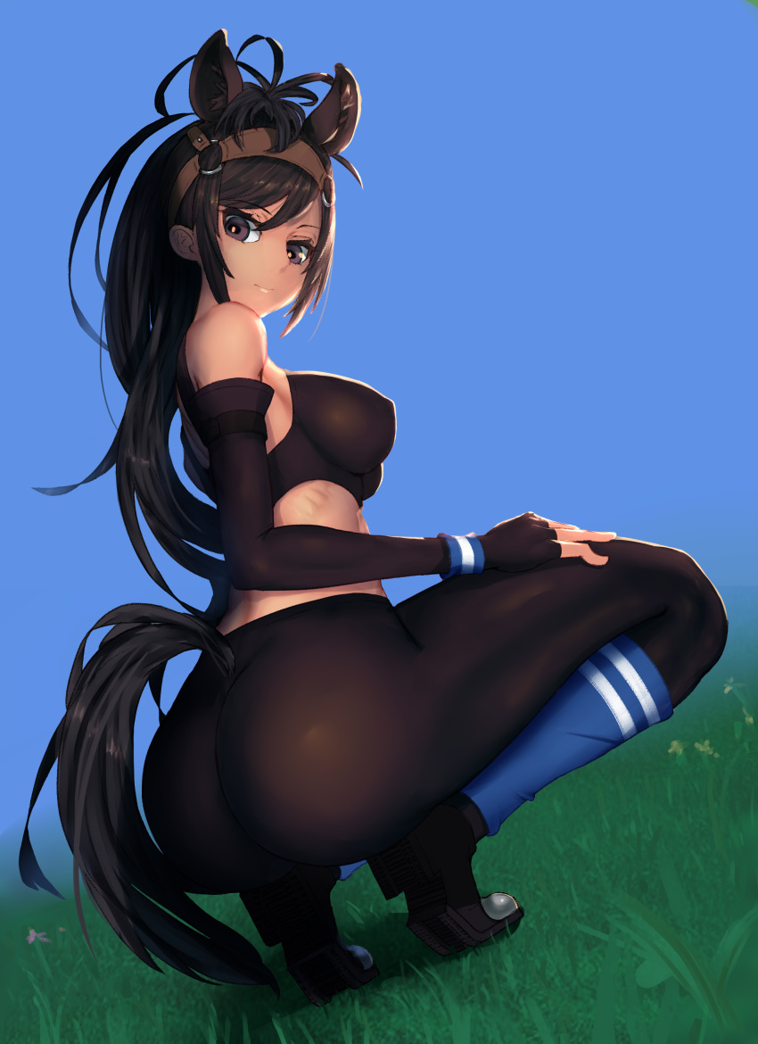 1girl absurdres animal_ears ass bare_shoulders black_legwear blue_background breasts brown_eyes brown_hair brown_thoroughbred_(kemono_friends) covered_nipples elbow_gloves fingerless_gloves gloves grass highres horse_ears horse_tail impossible_clothes kemono_friends large_breasts light_smile long_hair looking_at_viewer looking_back looking_down pantyhose pochif smile solo squatting tail thighs tiptoes