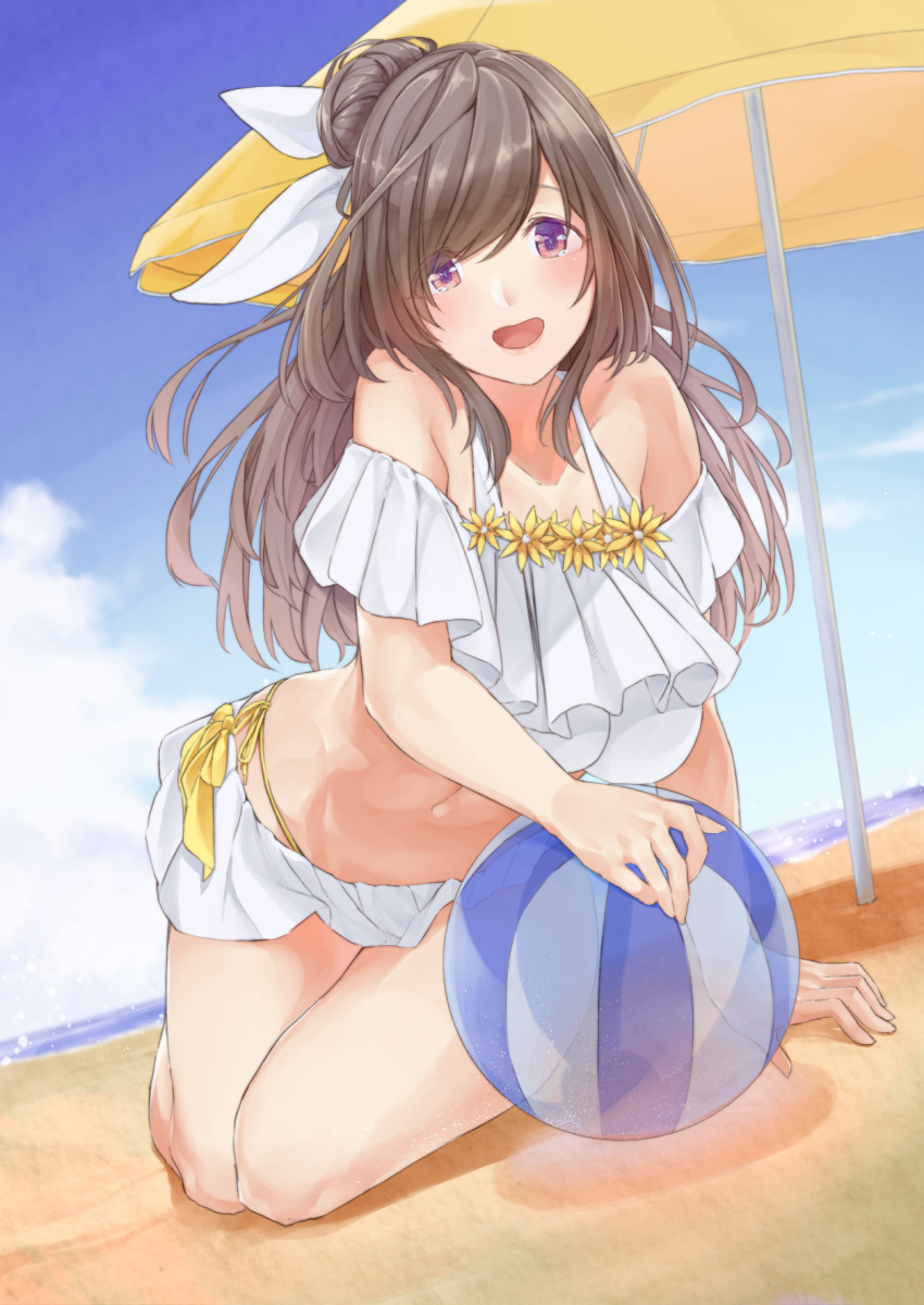 1girl :d ball bangs bare_shoulders beach beach_umbrella beachball bikini blue_sky blush bow breasts brown_hair crop_top facing_viewer frills hair_bow half_updo halterneck highres holding_beachball idolmaster idolmaster_shiny_colors large_breasts leaning_forward long_hair looking_at_viewer ocean off_shoulder open_mouth outdoors pekoni_(peconi) ponytail ribbon sand side-tie_bikini sitting sky smile solo swept_bangs swimsuit tsukioka_kogane umbrella violet_eyes yellow_bikini