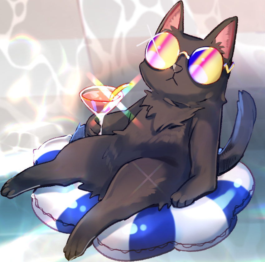 black_cat cat cat_focus cocktail_glass cup drink drinking_glass furry highres innertube interitio looking_at_viewer no_humans original sitting sunglasses what