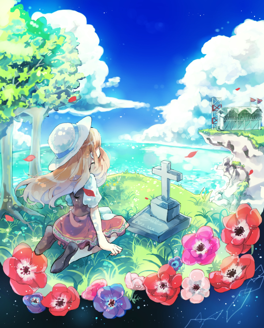 1girl black_footwear blue_sky brown_hair cliff clouds day facing_away flower grass hat highres long_hair moro_sorano original outdoors petals puffy_short_sleeves puffy_sleeves red_skirt shoes short_sleeves sitting skirt sky tombstone tree water white_hat
