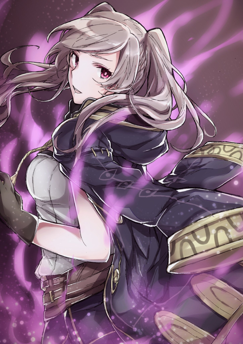 1girl aiueo1234853 aura belt brown_gloves dark_aura female_my_unit_(fire_emblem:_kakusei) fire_emblem fire_emblem:_kakusei fire_emblem_heroes from_side gimurei gloves grey_hair highres looking_to_the_side my_unit_(fire_emblem:_kakusei) nintendo open_clothes open_robe parted_lips red_eyes robe solo twintails