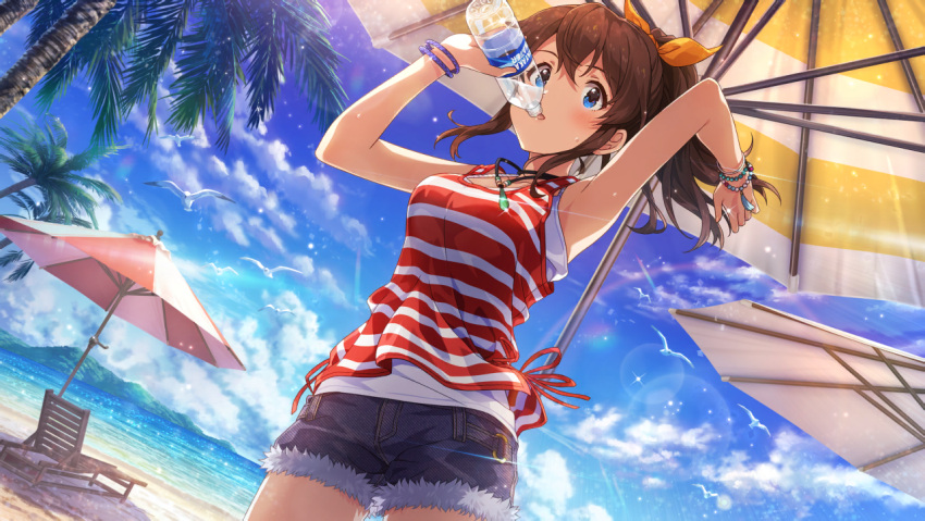 blue_eyes blush brown_hair drink idolmaster idolmaster_million_live! idolmaster_million_live!_theater_days long_hair ponytail satake_minako shirt