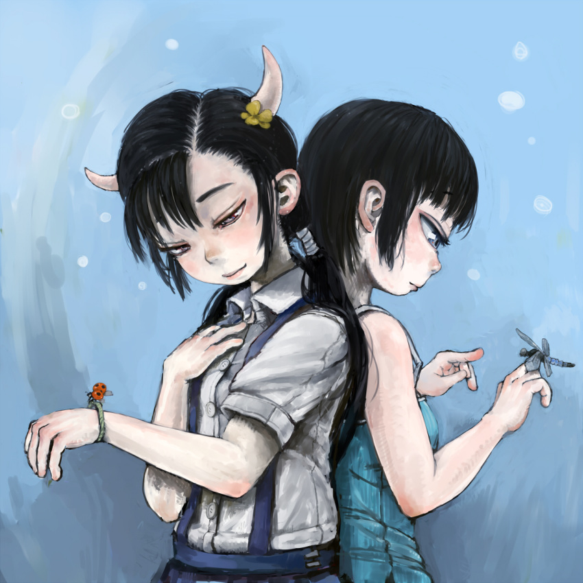 2girls back-to-back bare_arms bare_shoulders black_hair blue_background blue_dress bug closed_mouth collared_shirt commentary_request cyclops dragonfly dress dress_shirt ebimomo flower hair_flower hair_ornament hand_on_own_chest hand_up highres horns insect insect_on_finger ladybug low_twintails multiple_girls one-eyed original shirt short_sleeves skirt smile suspender_skirt suspenders twintails violet_eyes white_shirt wing_collar yellow_flower