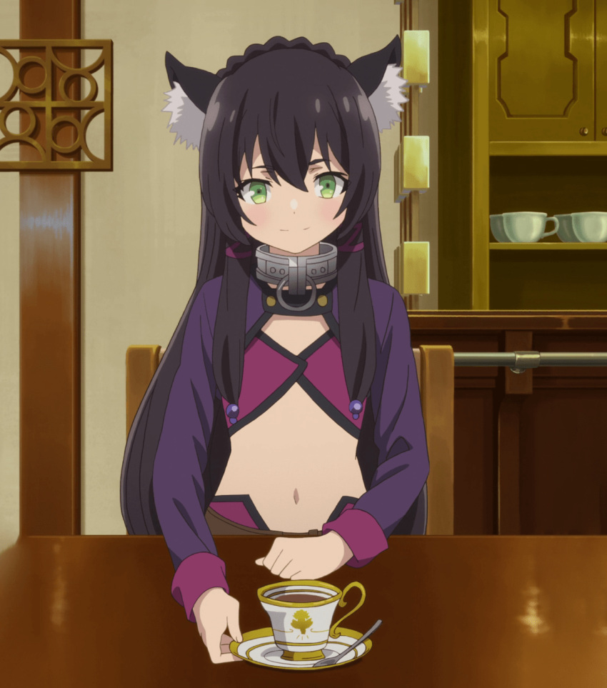 1girl animal_ears black_hair cat_ears cup green_eyes hair_bobbles hair_ornament hair_tubes highres indoors isekai_maou_to_shoukan_shoujo_dorei_majutsu long_hair rem_galleu screencap sitting solo stitched teacup third-party_edit