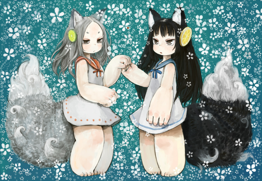 2girls animal_ears bangs bare_arms barefoot black_hair blue_background blue_neckwear blue_ribbon blue_sailor_collar commentary_request dress ebimomo floral_background food forehead fox_ears fox_tail from_side fruit grey_eyes grey_hair hair_ornament hand_holding large_tail lemon lemon_slice lime_slice looking_at_viewer looking_to_the_side multiple_girls neck_ribbon original parted_bangs parted_lips red_neckwear red_ribbon red_sailor_collar ribbon sailor_collar sailor_dress standing tail