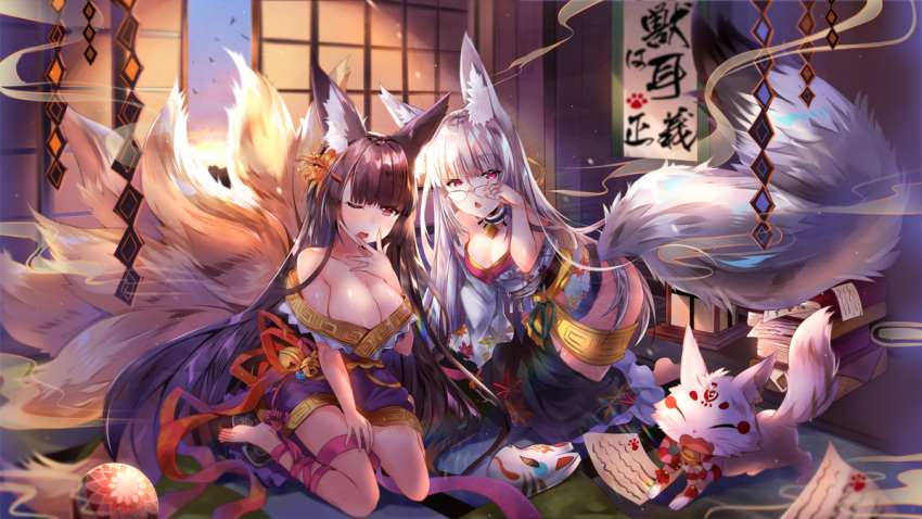 2girls animal animal_ears bare_shoulders barefoot bell black_hair breasts choker cleavage copyright_request eyebrows_visible_through_hair fox fox_ears fox_mask fox_tail glasses indoors japanese_clothes jingle_bell large_breasts long_hair looking_at_viewer mask multiple_girls multiple_tails off_shoulder one_eye_closed open_mouth red_eyes ribbon silver_hair tail usagihime yawning