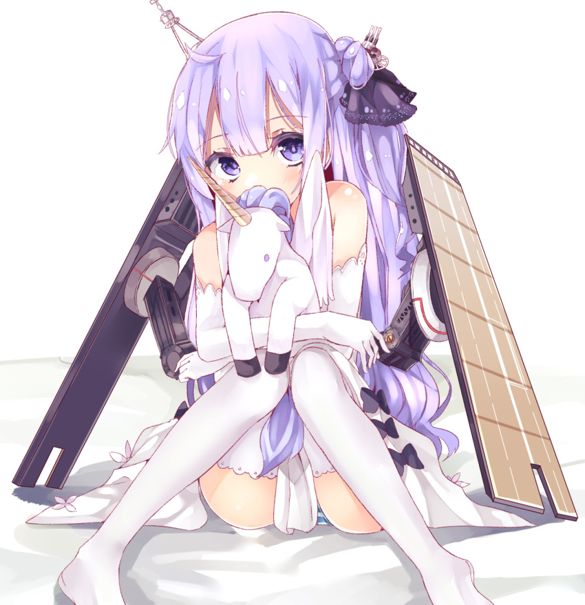 1girl ahoge azur_lane bangs bare_shoulders bed_sheet black_bow black_ribbon blush bow commentary_request covered_mouth dress elbow_gloves eyebrows_visible_through_hair gloves hair_between_eyes hair_bun hair_ribbon head_tilt highres knees_together_feet_apart long_hair looking_at_viewer no_shoes object_hug one_side_up panties purple_hair ribbon side_bun sitting solo striped striped_panties stuffed_alicorn stuffed_animal stuffed_toy thigh-highs thighs underwear unicorn_(azur_lane) very_long_hair violet_eyes white_dress white_gloves white_legwear yunekoko