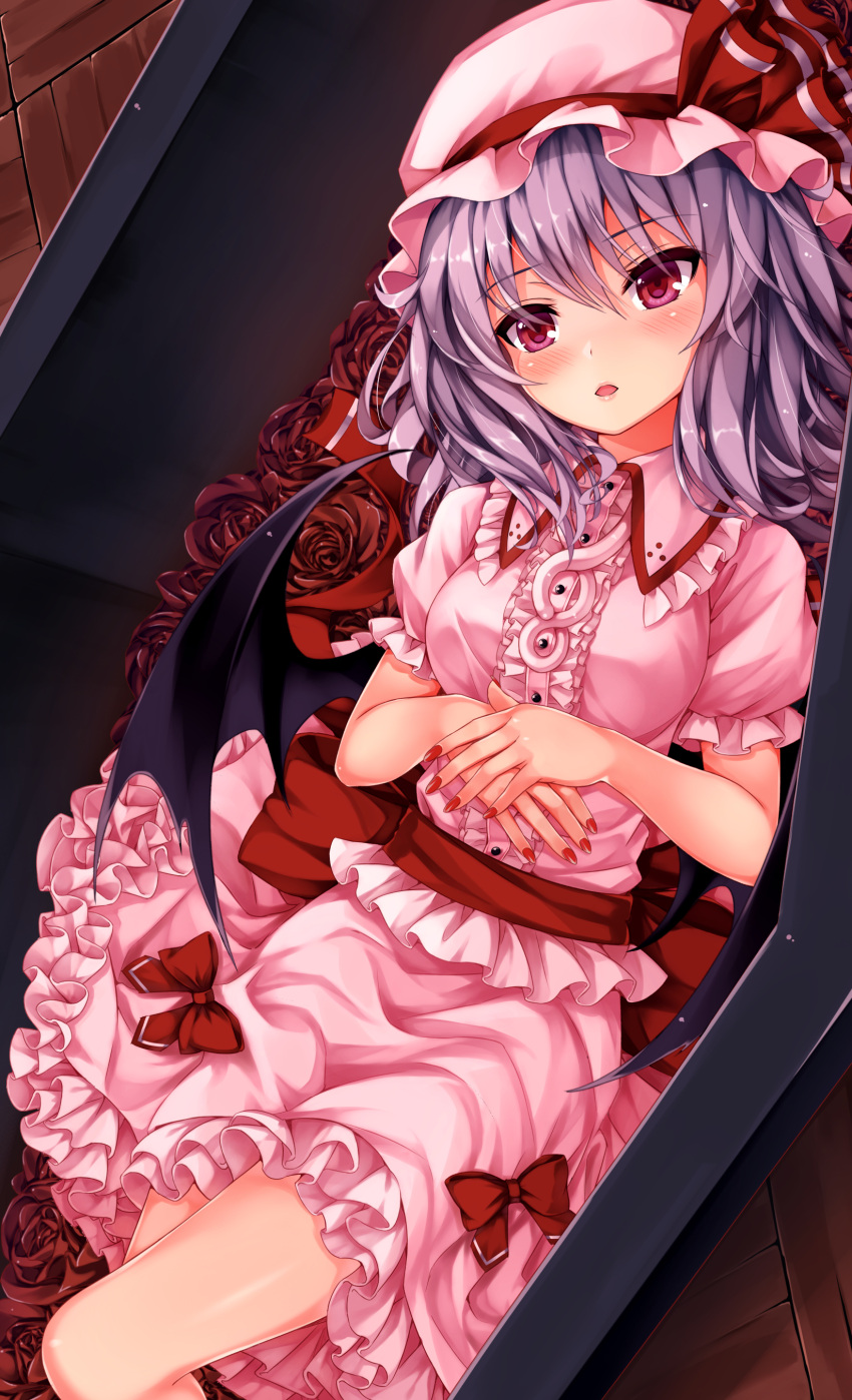 1girl absurdres bangs bat_wings blush bow breasts center_frills coffin commentary_request dress eyebrows_visible_through_hair feet_out_of_frame flower frilled_shirt_collar frills hair_between_eyes hat hat_ribbon head_tilt highres in_container kitou_kaitai lavender_hair lips lying medium_breasts mob_cap nail_polish on_back own_hands_together parted_lips pink_dress pink_hat pink_lips puffy_short_sleeves puffy_sleeves red_bow red_eyes red_flower red_nails red_ribbon red_rose red_sash remilia_scarlet revision ribbon rose sash shiny shiny_skin short_hair short_sleeves solo thighs touhou wing_collar wings