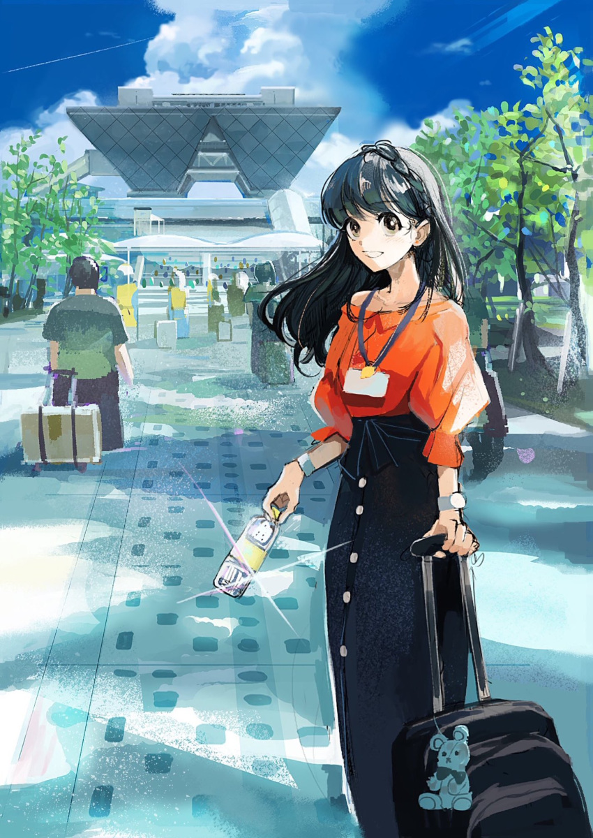 1girl bag_charm bayashiko black_hair black_skirt blue_sky bottle braid brown_eyes charm_(object) clouds commentary_request eyebrows_visible_through_hair glint highres holding long_hair long_skirt looking_at_viewer name_tag orange_shirt original outdoors path puffy_short_sleeves puffy_sleeves road rolling_suitcase shirt short_sleeves skirt sky smile solo standing tokyo_big_sight tree watch watch water_bottle