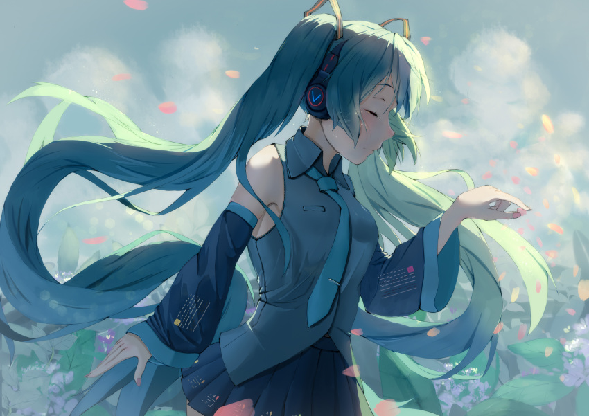 1girl absurdres black_skirt blue_hair blue_neckwear blush breasts closed_eyes clouds crying day detached_sleeves dress dress_shirt field floating_hair flower flower_field green_hair grey_dress hatsune_miku highres long_hair miniskirt multicolored_hair nail_polish necktie outdoors pink_nails shirt skirt sleeveless sleeveless_shirt small_breasts solo standing tears twintails two-tone_hair user_cxmk7438 very_long_hair vocaloid