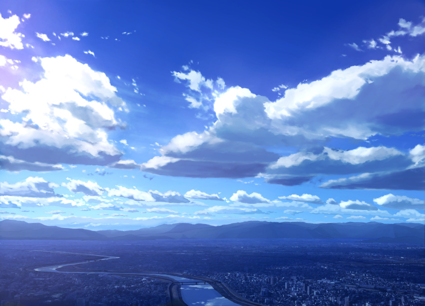 anyotete bridge city clouds day highres mountain no_humans original outdoors scenery sky