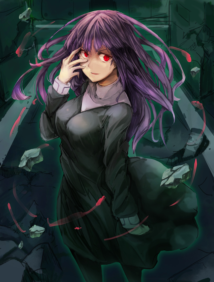 1girl absurdres asagami_fujino blue_dress breasts commentary_request dress fate/grand_order fate_(series) feet_out_of_frame fingernails hand_on_own_face highres kara_no_kyoukai long_dress long_hair medium_breasts open_mouth purple_hair red_eyes school_uniform solo standing user_hstd3528