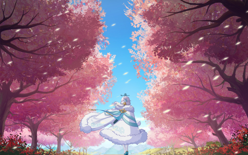 1girl absurdres back bad_link blue_footwear blue_sky cape cherry_blossoms chinese_clothes clouds cloudy_sky full_body fur_cape hair_ornament highres honkai_(series) honkai_impact_3rd long_hair official_art outdoors petals ponytail sky solo theresa_apocalypse theresa_apocalypse_(starlit_astrologos) thigh-highs tree walking white_cape white_hair white_legwear zhuge_kongming_(honkai_impact)