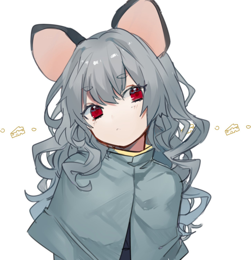 ... 1girl alternate_hair_length alternate_hairstyle animal_ears bangs black_vest capelet cheese commentary daimaou_ruaeru eyebrows_visible_through_hair eyes_visible_through_hair food grey_capelet grey_hair hair_between_eyes head_tilt highres long_hair looking_at_viewer mouse_ears nazrin red_eyes simple_background solo thick_eyebrows touhou upper_body vest wavy_hair white_background
