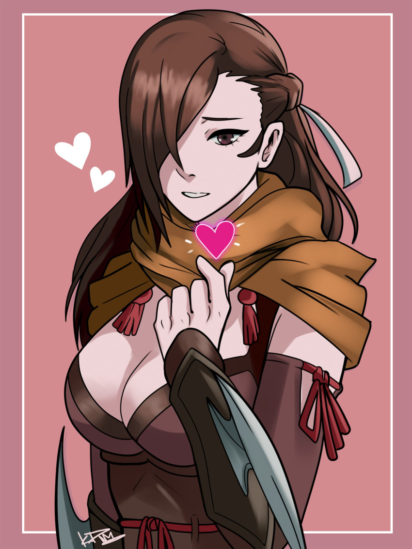 1girl absurdres breasts brown_eyes brown_hair cleavage commentary english_commentary facing_viewer fire_emblem fire_emblem_heroes fire_emblem_if hair_over_one_eye hair_ribbon hand_on_own_chest heart highres kagerou_(fire_emblem_if) large_breasts long_hair looking_at_viewer ninja nintendo parted_lips ponytail ribbon scarf signature solo tassel the_kingduke