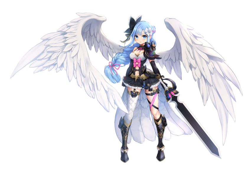 1girl angel_wings asymmetrical_legwear black_bow black_footwear black_ribbon black_skirt blue_eyes blue_hair boots bow braid breasts cleavage fantasy flower full_body hair_flower hair_ornament holding holding_sword holding_weapon leg_ribbon long_hair navel original pink_bow pink_ribbon ribbon single_thighhigh skirt standing sword thigh-highs weapon white_background white_legwear white_wings wings wooju