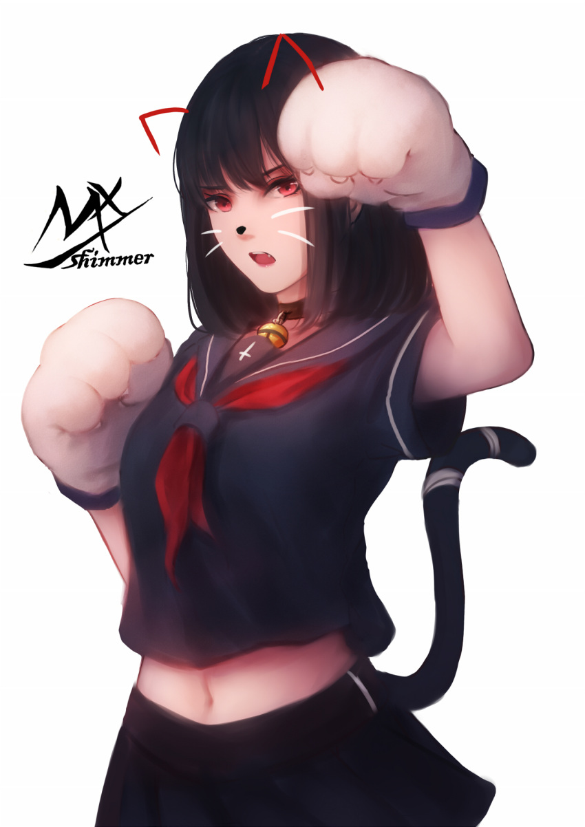 1girl animal_ears arm_up artist_name bangs bell bell_choker black_choker black_hair black_sailor_collar black_serafuku black_shirt black_skirt breasts cat_ears cat_girl cat_tail choker drawn_ears eyebrows_visible_through_hair fang gloves hand_up highres jingle_bell looking_at_viewer medium_breasts midriff navel neckerchief open_mouth original paw_gloves paws pleated_skirt red_eyes red_neckwear sailor_collar school_uniform serafuku shimmer shirt signature simple_background skirt solo tail tail_raised whiskers white_background