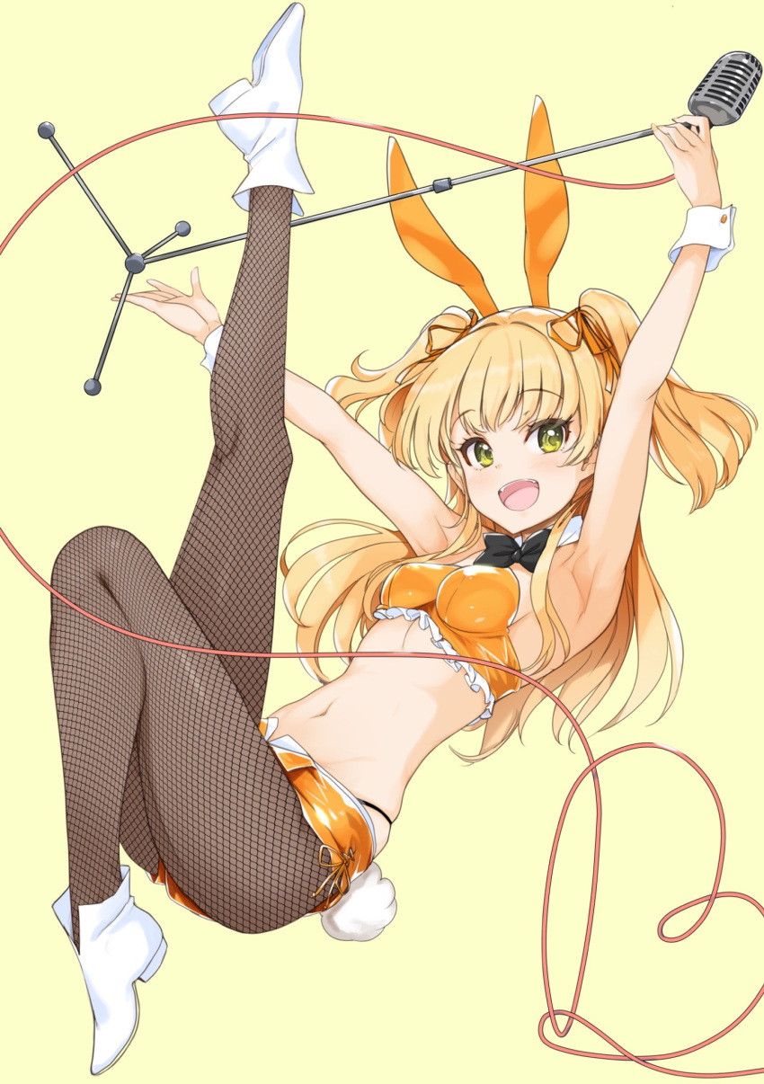 1girl :d animal_ears armpits blonde_hair bunny_tail fishnet_pantyhose fishnets hair_ribbon highres idolmaster idolmaster_cinderella_girls jougasaki_rika long_hair microphone microphone_stand midriff navel nylon open_mouth pantyhose rabbit_ears ribbon smile solo strapless tail tubetop two_side_up