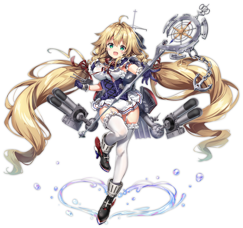 1girl absurdly_long_hair ahoge azur_lane black_gloves blush boots breasts brown_hair eyebrows_visible_through_hair full_body garter_straps gloves green_eyes heart high_heel_boots high_heels large_breasts le_temeraire_(azur_lane) long_hair looking_at_viewer official_art open_mouth riichu skirt smile solo thigh-highs transparent_background twintails very_long_hair white_legwear white_skirt