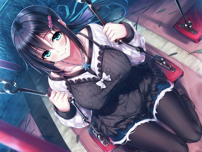 1girl bangs black_dress black_hair black_legwear blue_ribbon blue_shorts blush bow breasts closed_mouth collarbone commentary_request dress dutch_angle eyebrows_visible_through_hair from_above fur-trimmed_shorts green_eyes hair_between_eyes hair_ornament hair_ribbon hairclip hasumi_(hasubatake39) highres holding large_breasts leaf long_hair long_sleeves looking_at_viewer looking_up necktie original outdoors pantyhose puffy_long_sleeves puffy_sleeves ribbon shirt short_shorts shorts sitting sleeveless sleeveless_dress smile solo swing very_long_hair white_bow white_shirt