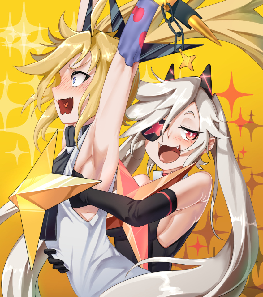 2girls armpits arms_up bangs bare_shoulders black_dress black_gloves blonde_hair blue_eyes blush bow breast_grab breasts chains clear_(dj_max) djmax_respect dress elbow_gloves eyebrows_visible_through_hair eyepatch fail_(djmax) fangs girls_frontline gloves grabbing habit hair_between_eyes hair_bow hair_ornament hair_ribbon hand_on_another's_stomach heart heart_in_mouth highres jitome long_hair looking_at_viewer medium_breasts multiple_girls open_mouth red_eyes ribbon sd_bigpie sideboob sidelocks single_elbow_glove sleeveless sleeveless_dress small_breasts smile sparkle star surprised twintails very_long_hair white_dress